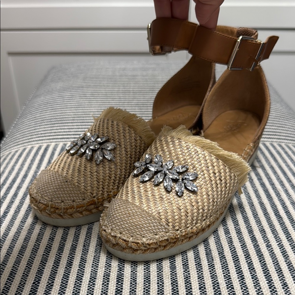 Crown Vintage Tan Espadrille Flats with Rhinestone Embellishments